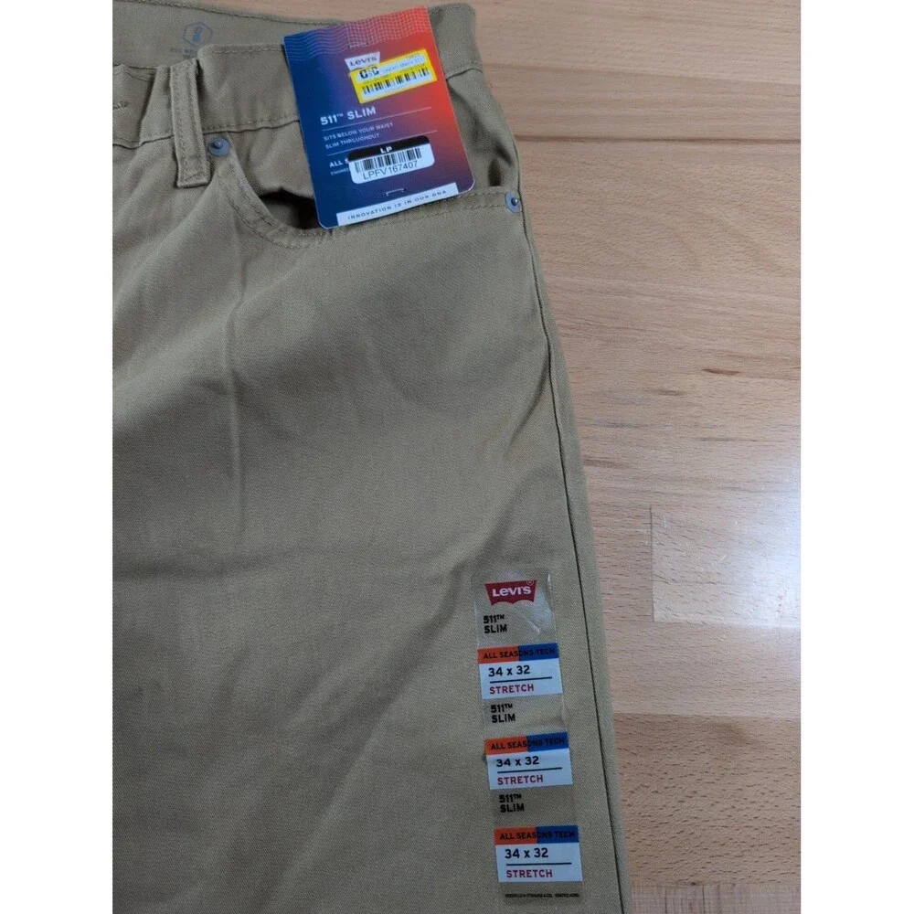 NWT Levi's 511 Slim Stretch Pants Mens 34x32 Khaki Tan Twill Chino Trousers
